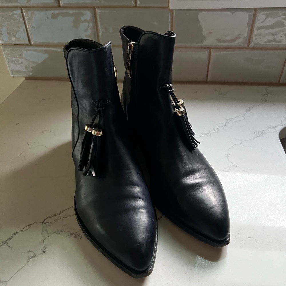Navy Leather Ankle Boots with Tassels